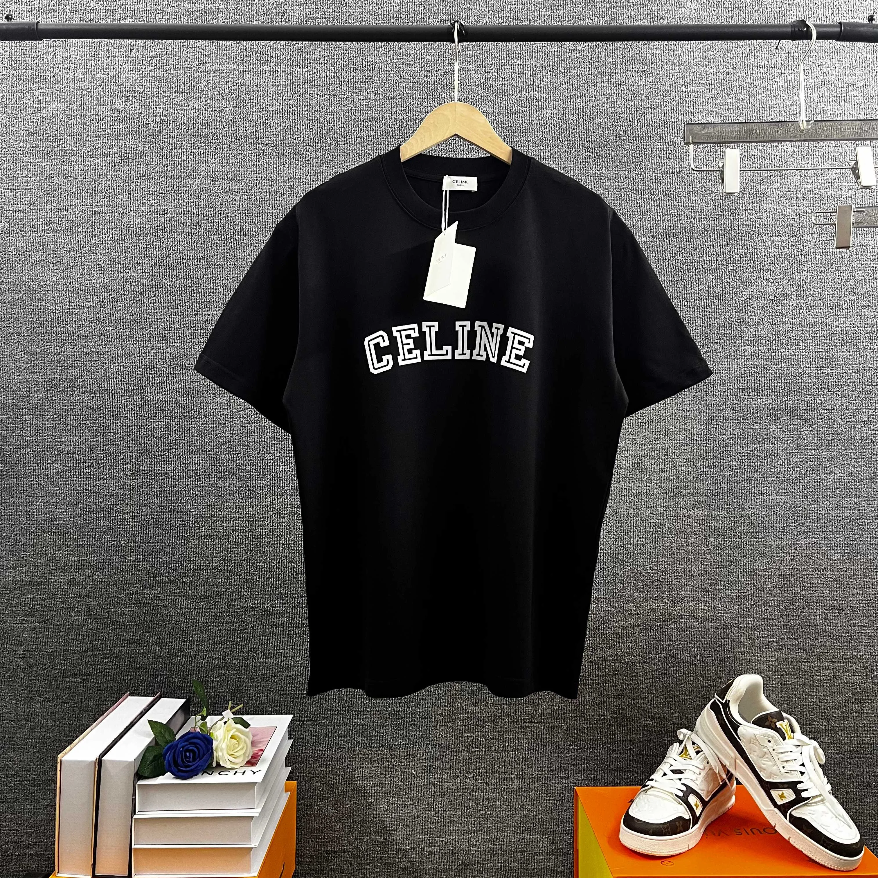 Cel* Ce*Lin 2025 spring and summer style Letter flocking logo technology Double yarn custom plain cotton fabric Short-sleeved T-shirt Men and women Same Style Size: S (90-130 pounds) M (120-150 pounds) L (140-165 pounds) XL (160-180 pounds) XXL (180-210 pounds) Color: Black White